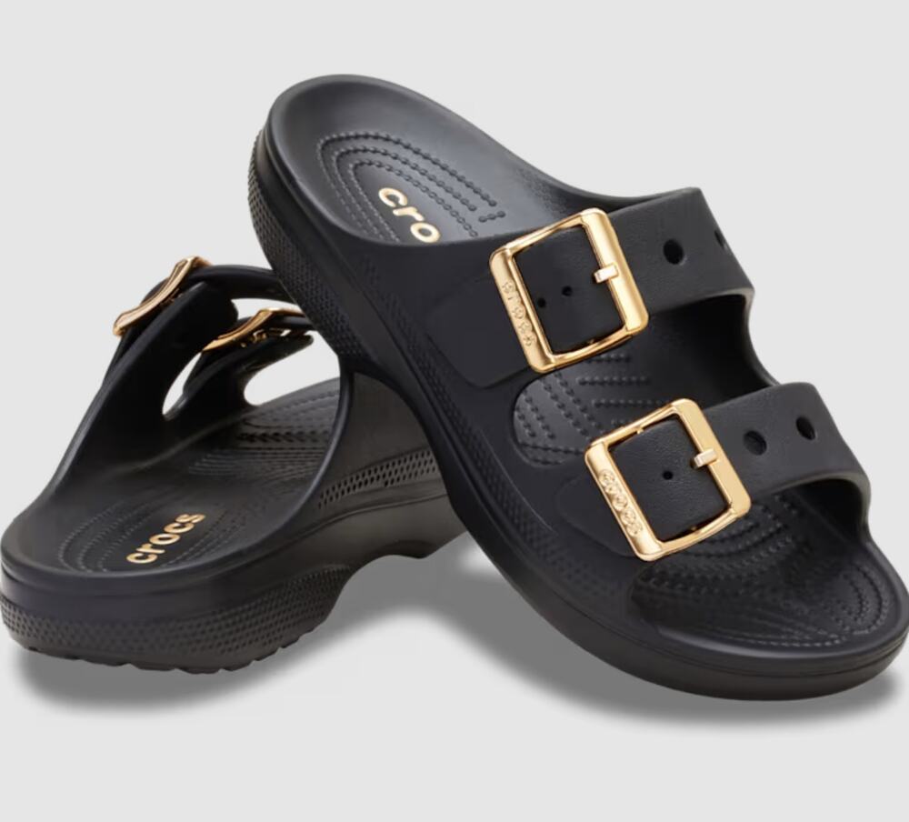 Crocs Women's Saturday Metallic Buckle Sandals Size 9 Black Gold NWT